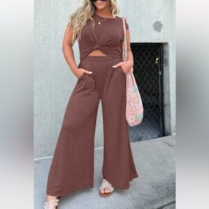 Boutique Open Front Wide Leg Jumpsuit Red Brown Medium
